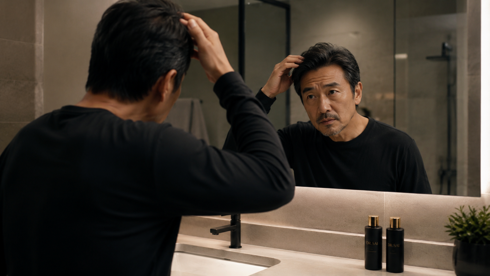 鏡の前で髪を気にする男性